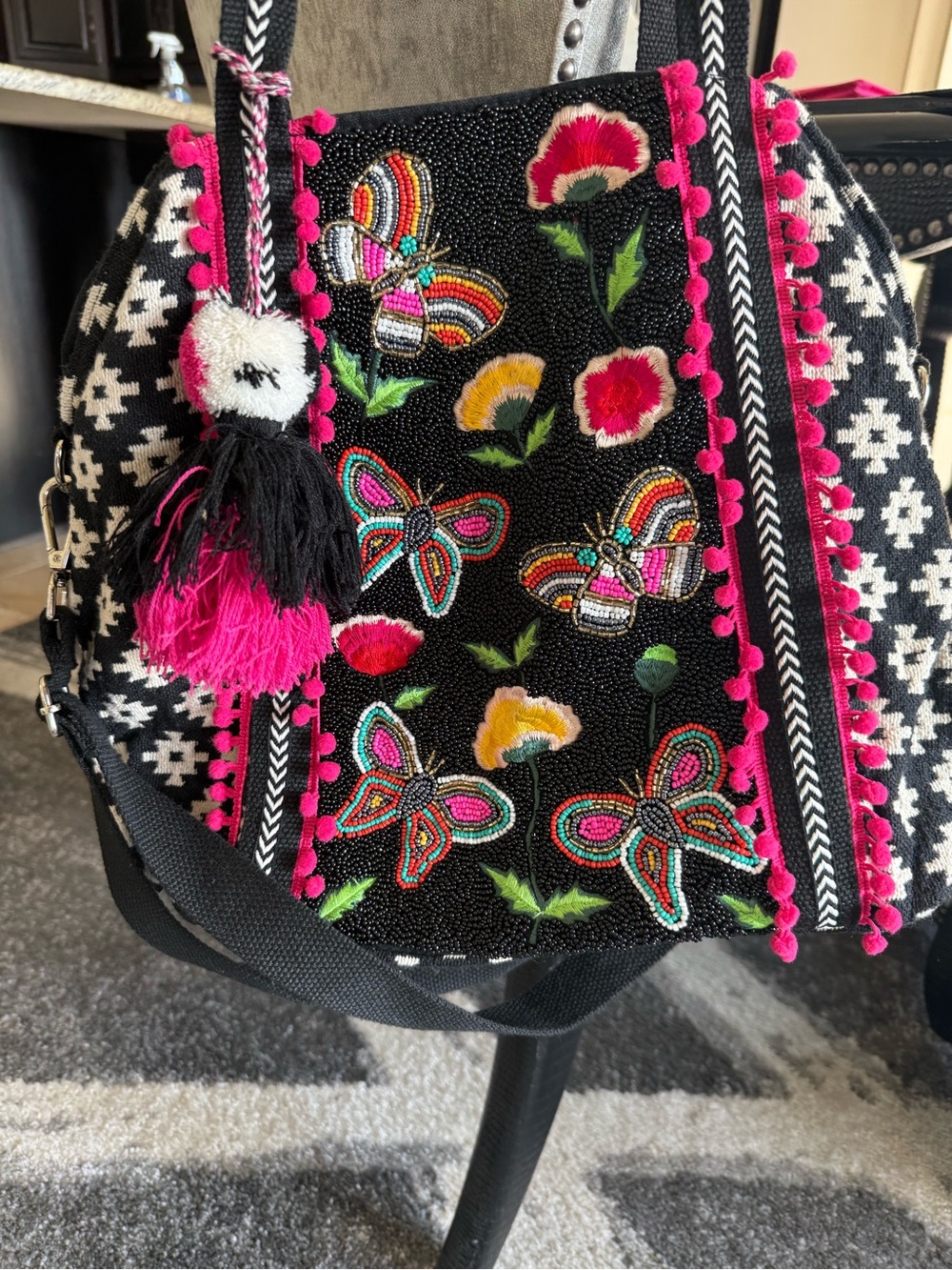 Embroidered Beaded Butterfly Tote Bag in Black and Hot Pink. Needs zipper pull